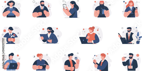 Diverse business professionals interacting with technology and devices (1)