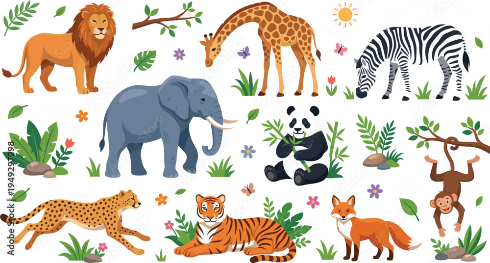 Obraz premium Safari Wildlife Animals Collection with Lion, Elephant, Giraffe, Zebra, Panda, Tiger, Cheetah, Fox and Monkey Surrounded by Tropical Plants and Flowers