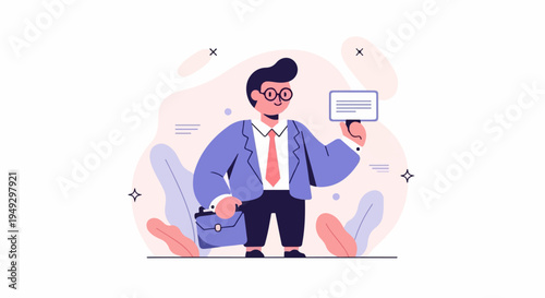 Cheerful businessman holding card, wearing suit, tie, glasses, carrying briefcase