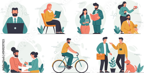 Diverse cartoon characters engage in various daily activities, including work, leisure, and social interaction