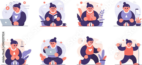 Diverse cartoon characters engaged in various activities like work, reading, and exercise