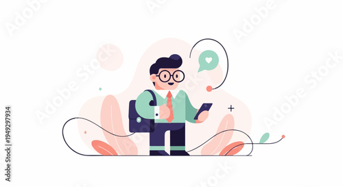 Cheerful businessman in glasses holds a smartphone, receives a like notification