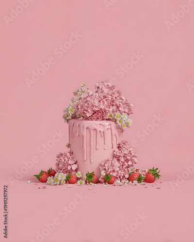 Pink floral cake with strawberries minimalist dessert high resolution picture