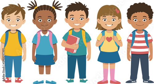 Smiling school children boys and girls with backpacks and books set of cute multiethnic kids isolated vector illustration