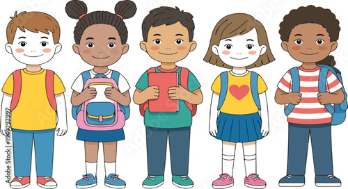 Smiling school children boys and girls with backpacks and books set of cute multiethnic kids isolated vector illustration