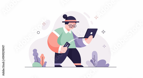 Character using laptop and card, abstract background