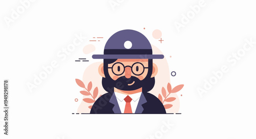 Character portrait with hat, beard, glasses, and suit, surrounded by abstract shapes and leaves