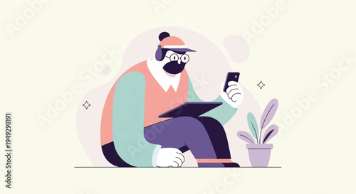 Character wearing headphones, cap, and glasses, holding a tablet and phone