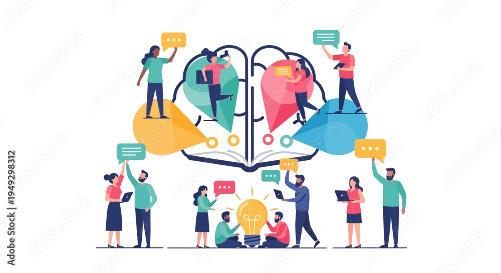 Naklejka premium Creative Team Collaboration and Idea Generation. Diverse Group Brainstorming, Problem Solving, and Knowledge Sharing.