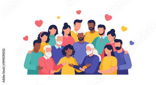 Diverse Community Group Illustration: People of Different Ages and Ethnicities Together with Hearts, Symbolizing Unity, Love, Support, and Belonging