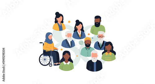 Diverse Group of Multicultural People Connected: Inclusive Community Network Illustration for Global Collaboration and Social Responsibility