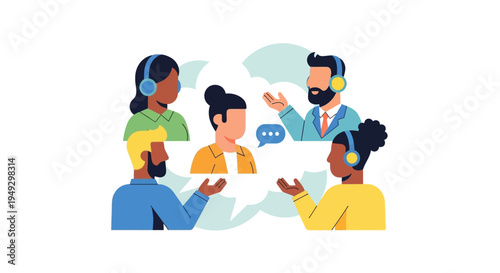 Diverse Team Virtual Communication & Customer Support Illustration. Online Collaboration, Helpdesk, and Conference Call Concept with Speech Bubbles.