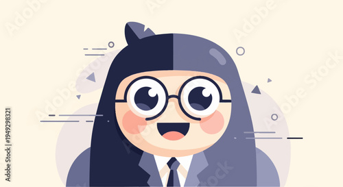 Cheerful cartoon person with glasses and dark hair in a suit