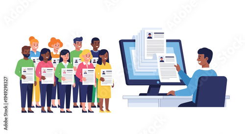 Digital Recruitment: Diverse Candidates Apply Online, HR Reviews Resumes on Computer