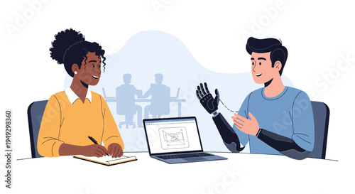 Diverse Professionals Collaborating on Tech Project, Featuring Bionic Arm User in Modern Office Setting