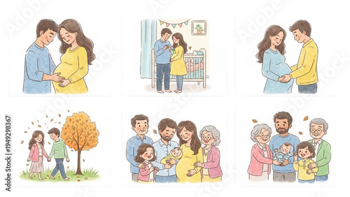 Pregnancy to Parenthood Family Journey – Expecting Couple, Nursery Preparation and Multigenerational Family with Newborn Illustration Set