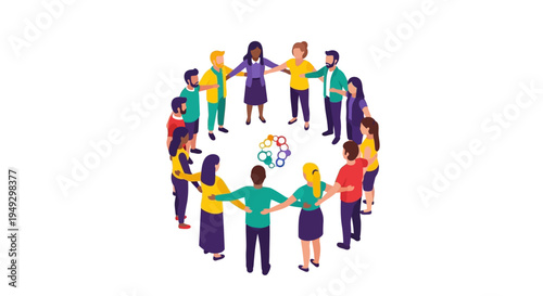 Diverse Team Circle Holding Hands: Unity, Community, and Global Connection. Isometric Vector Illustration of Social Network and Partnership.