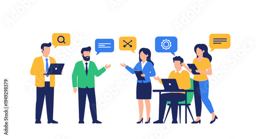 Modern Business Team Collaboration, Communication, and Problem Solving with Speech Bubbles Vector Illustration