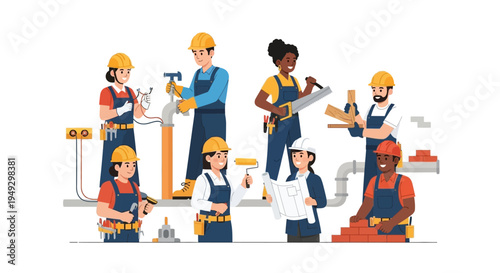 Skilled Diverse Tradespeople & Construction Team - Builders, Plumbers, Electricians, Carpenters, Architects, Masons at Work