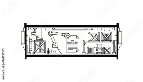 Cargo hold cross section with tax assessment document. Logistics and customs line art concept. Vector illustration isolated on transparent background