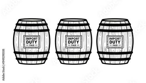 Import duty paid wooden barrels line icon set. Customs and trade concept. Vector illustration isolated on transparent background