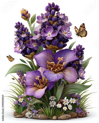 Purple floral botanical illustration with butterflies high resolution picture