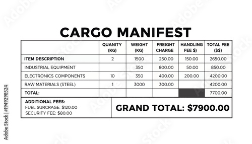 Cargo manifest document with fees and totals. Shipping and logistics invoice template. Vector illustration isolated on transparent background