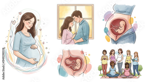 Pregnancy and Motherhood Illustration Set – Expecting Mother, Fetus Development, Prenatal Care and Pregnancy Support Group