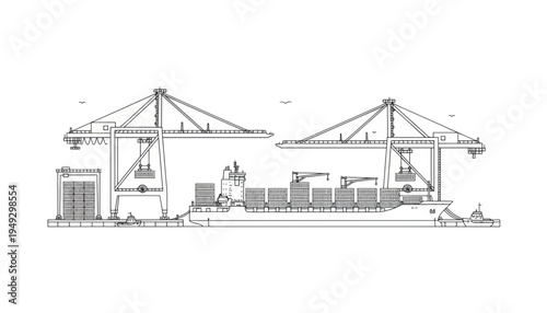 Cargo ship at port with loading cranes. Maritime shipping and logistics line art. Vector illustration isolated on transparent background