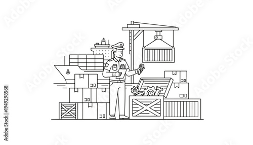 Customs officer inspecting cargo line art illustration. International trade and shipping logistics concept. Vector graphic isolated on transparent background