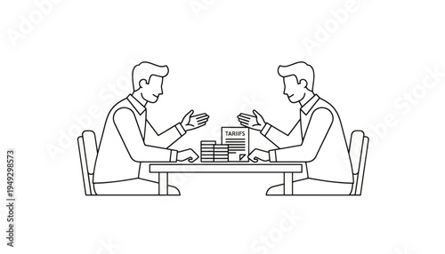 Businessmen negotiating tariffs at a table. Corporate meeting and discussion concept. Line art vector illustration