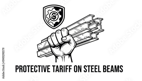 Protective tariff on steel beams concept. Fist holding metal I-beams with shield and economic growth symbol. Black and white vector illustration isolated on transparent background
