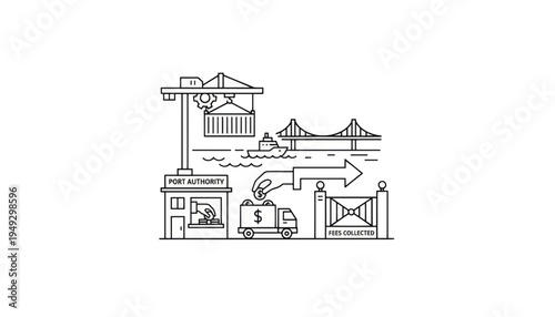 Port authority collecting fees concept. Cargo shipping and logistics infrastructure. Line art vector illustration