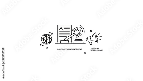 Official press release and global trade announcement concept. Line art illustration with gavel, document and megaphone. Vector graphic isolated on transparent background