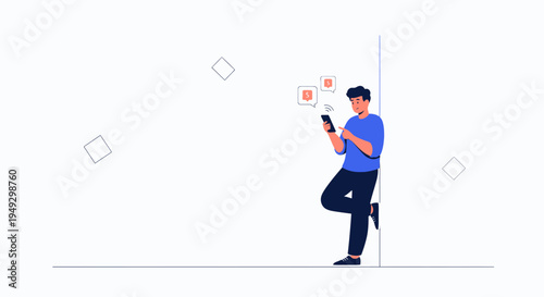 Man using smartphone, social media notifications, leaning against wall, minimalist background