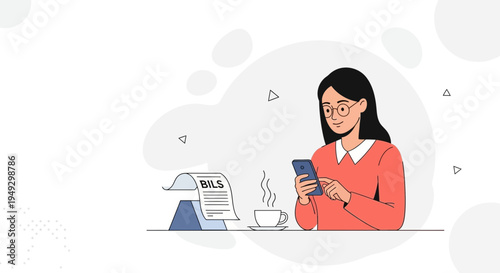 Woman using smartphone to pay bills online with coffee and receipt