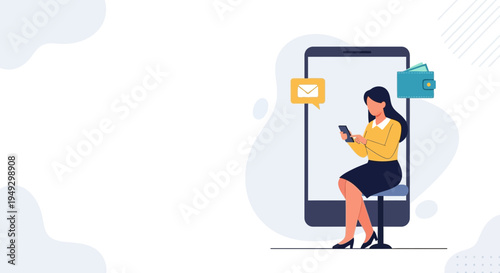 Woman using smartphone for online payment and communication, digital wallet and email icon
