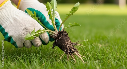 Person in gardening gloves uproots a dandelion from lush green grass, close up