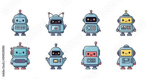 Cartoon robots collection isolated on white