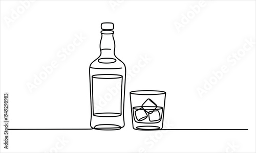 Minimalist continuous line drawing of an alcoholic beverage bottle standing next to a glass of ice