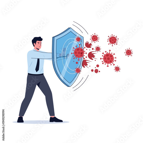 Businessman holding shield against coronavirus pandemic, protection and defense concept