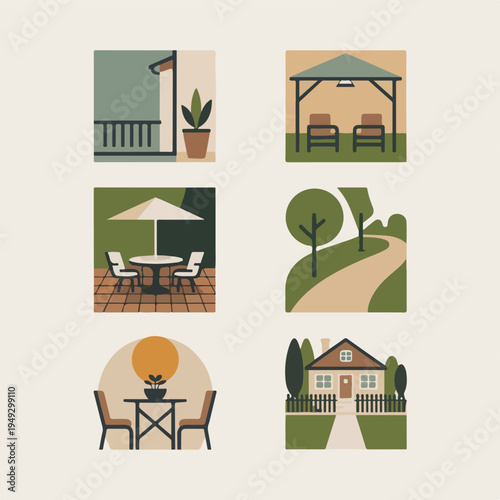 “Flat Design Outdoor Living Icon Set – Balcony, Gazebo, Patio & Garden for Real Estate & Home Apps”

