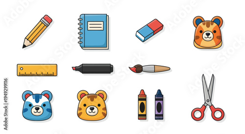 Cartoon school supplies set on white