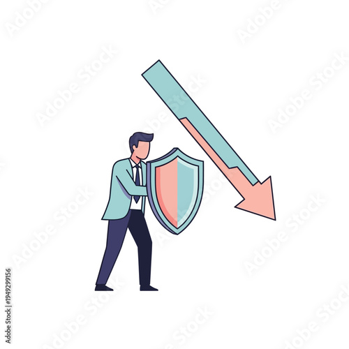 Businessman protecting against financial crisis with shield, downward trend arrow
