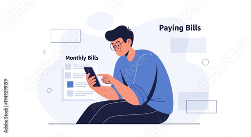 Man Paying Monthly Bills Online Using Smartphone App, Digital Finance Concept