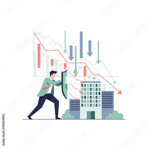 Businessman protecting building from financial crisis graph downturn