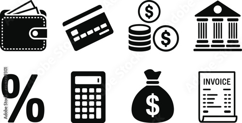 Business and finance vector icon set featuring wallet credit card money coins bank building percentage sign calculator money bag and invoice.