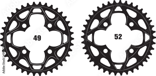 Black bicycle chainring vector illustration, dual sprocket gear design with different teeth counts, cycling drivetrain mechanical parts concept, engineering rotation system icon, industrial 