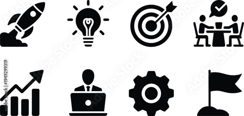 Startup icon set featuring rocket launch light bulb target board meeting business growth chart professional laptop gear and success flag