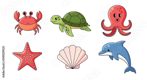Cartoon sea creatures set on white